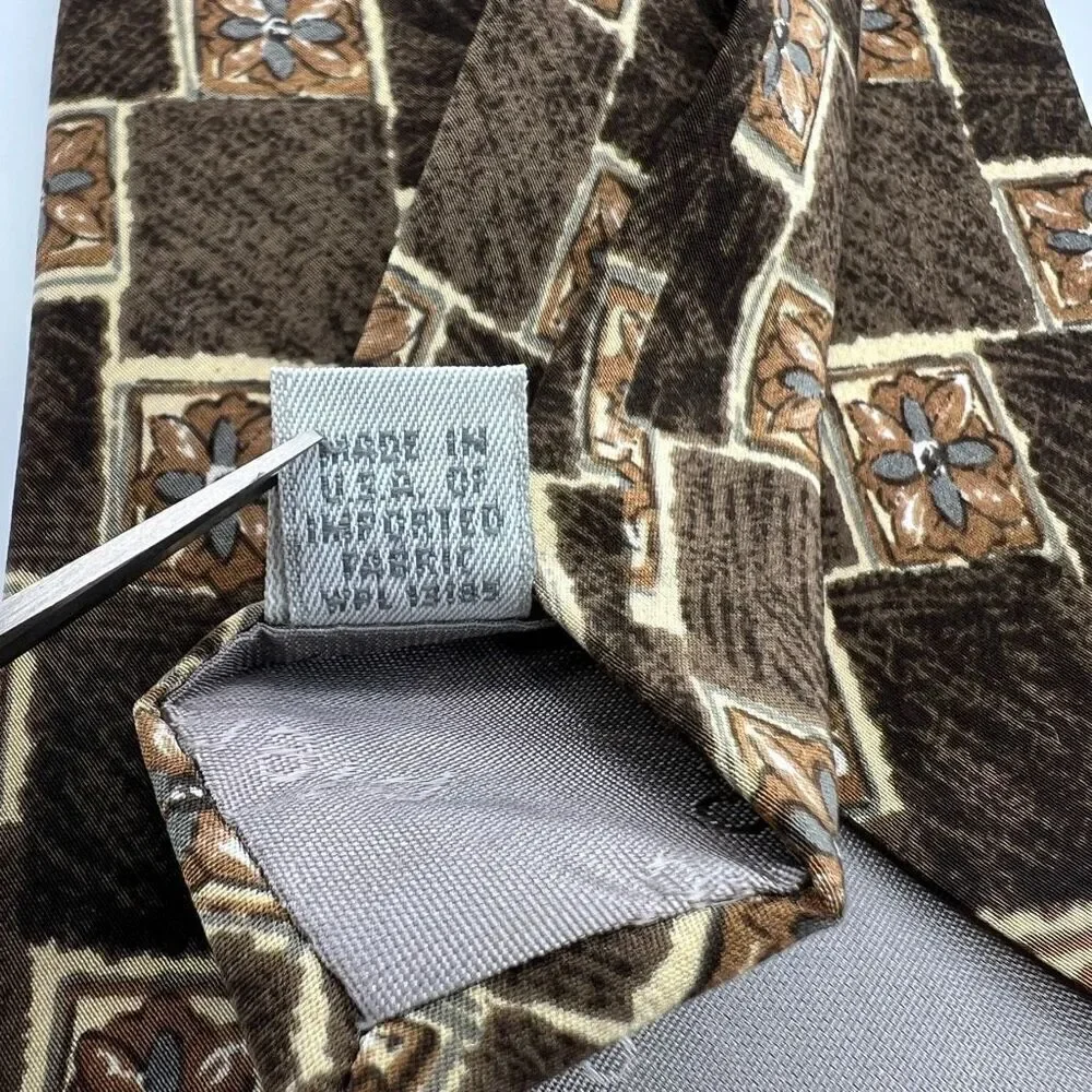 Pierre Cardin All Silk Tie Brown Blue Floral Check Pattern Made in USA